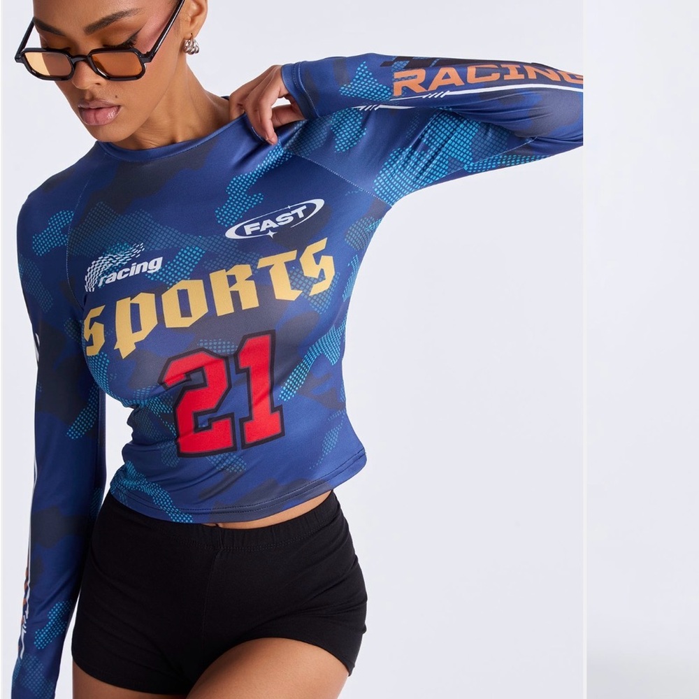 Fashion Nova Blue Racing Long Sleeve Top